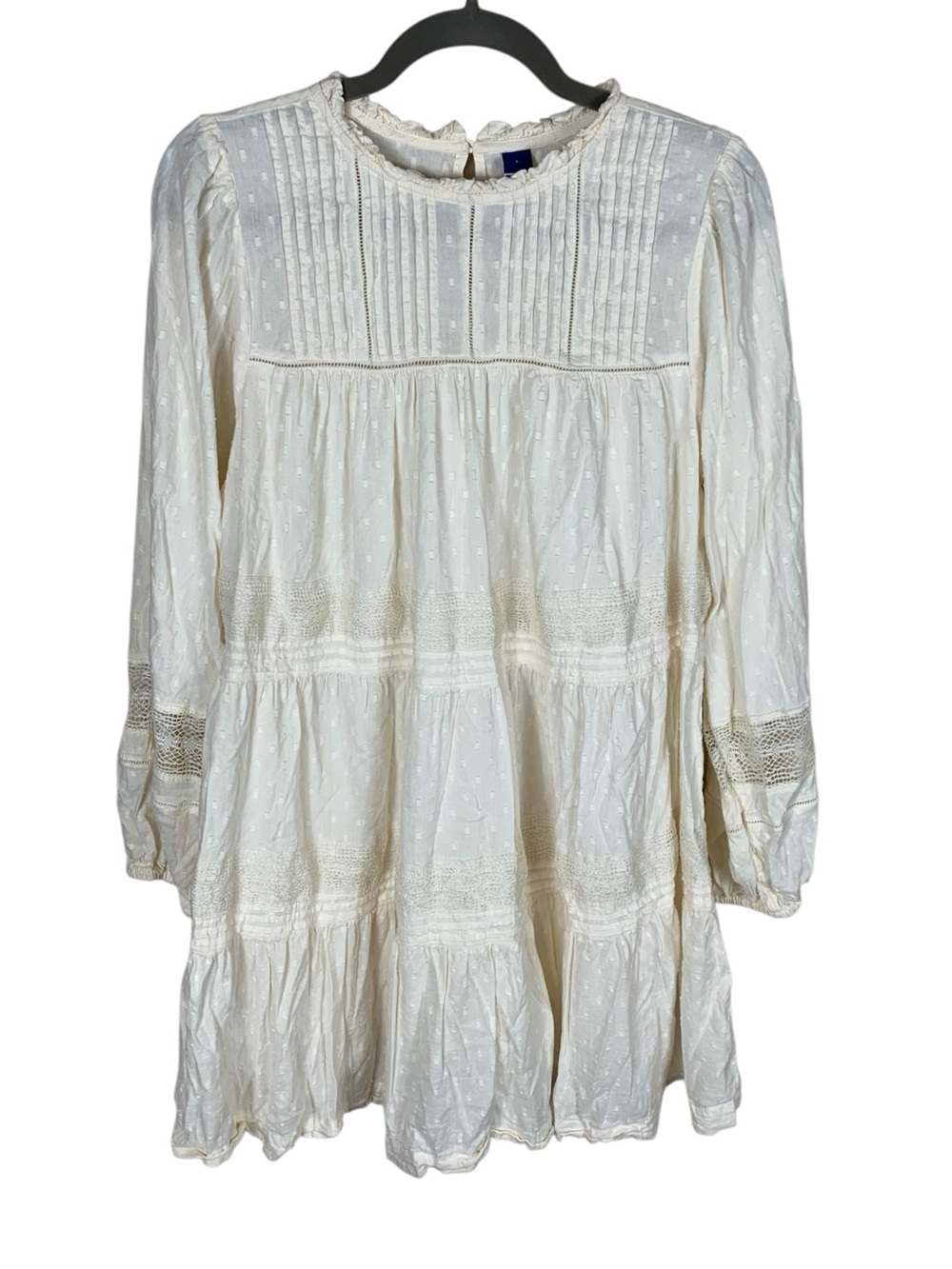 Old Navy Ivory Swiss Dot Pleated Lace Detail Long Sleeve Knee Length Dress Large